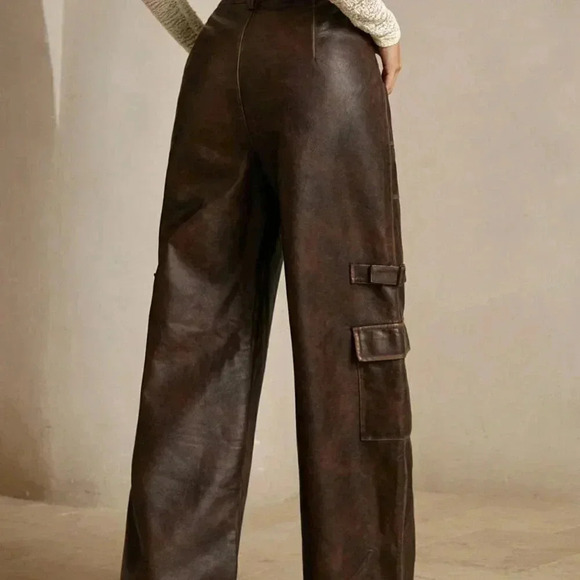 Coffee Brown Casual Women's Merlot Vintage Distressed Faux Cargo Pants - Picture 3 of 6